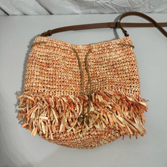 Nordstrom Straw Crossbody BucketBag Coral Drawstring Hobo Boho Eclectic Colorful - Picture 2 of 6